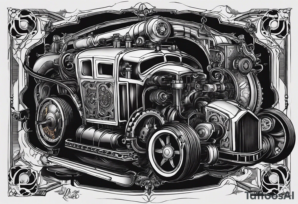 Powerful phantom like powered by an engine featuring an "steampunk desing" in the image appears a psiton and a turbo, also the dseign must be vertical. Also, the desing must be minimalistic not saturated. tattoo idea
