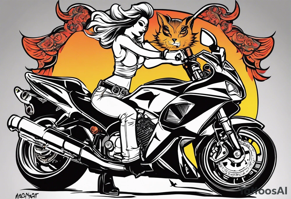 Sexy, feminine, gangster girl hoding a 32 cal. Tomcat in 1 hand & lighting a cig w the other angel/devil, riding a cbr600rr silver, mason symbol, "cowboy up" handwriting, tattoo idea