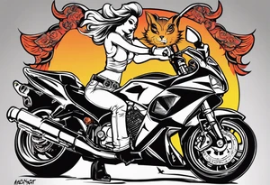 Sexy, feminine, gangster girl hoding a 32 cal. Tomcat in 1 hand & lighting a cig w the other angel/devil, riding a cbr600rr silver, mason symbol, "cowboy up" handwriting, tattoo idea