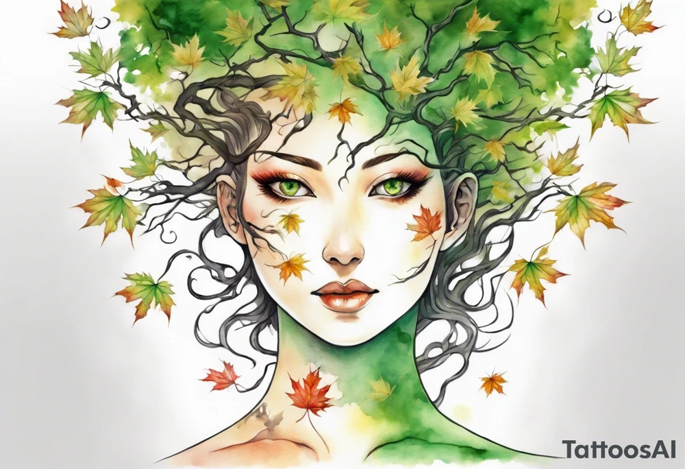 A maple tree shaped like a beautiful woman with green eyes with branches reaching up towards the sun tattoo idea