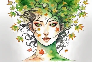 A maple tree shaped like a beautiful woman with green eyes with branches reaching up towards the sun tattoo idea