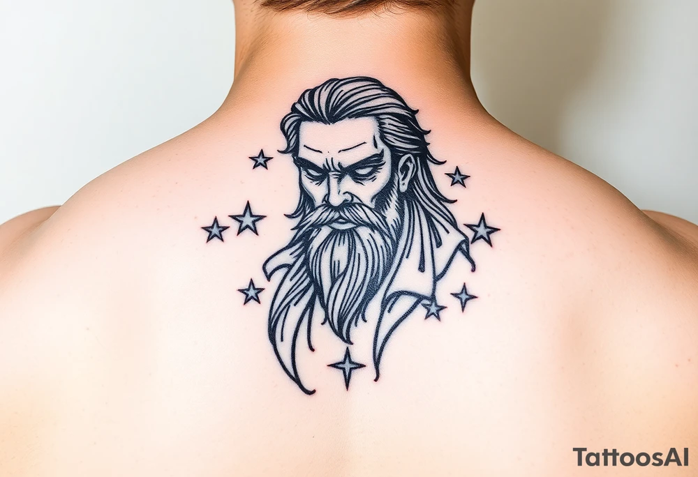 powerful black long man with stars around tattoo idea