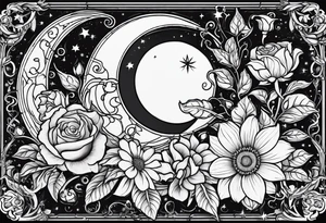 Roses, marigolds, cosmos, daisies, sweet peas and sunflowers vines long lines  sun and moon tattoo idea