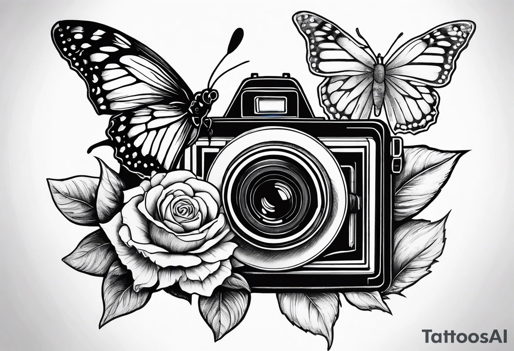 Book, sunflower, camera, butterfly, flower rose tattoo idea Book, sunflower, camera, butterfly, flower rose tattoo idea