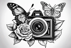 Book, sunflower, camera, butterfly, flower rose tattoo idea