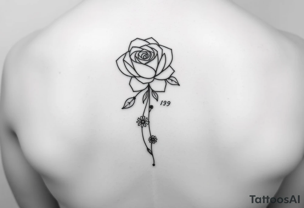 Fine line rose flower intertwined with a daisy with the daisy pedals falling down the middle of the back. Also include the words psalm 139 and even there connected to the flowers by dots tattoo idea