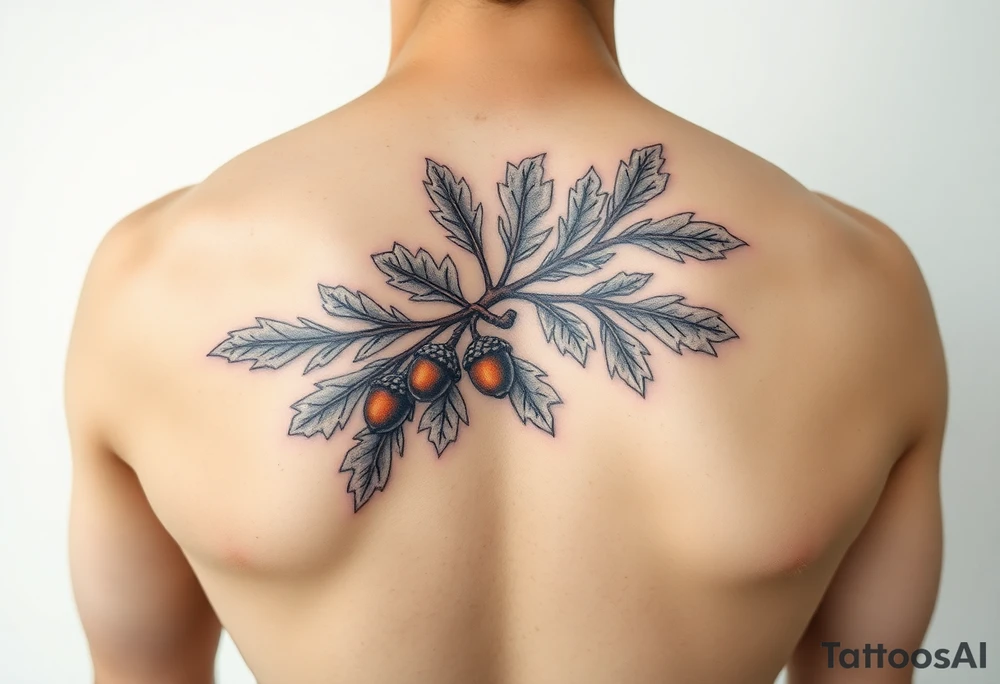 oak branch with thick leaves and acorns tattoo idea