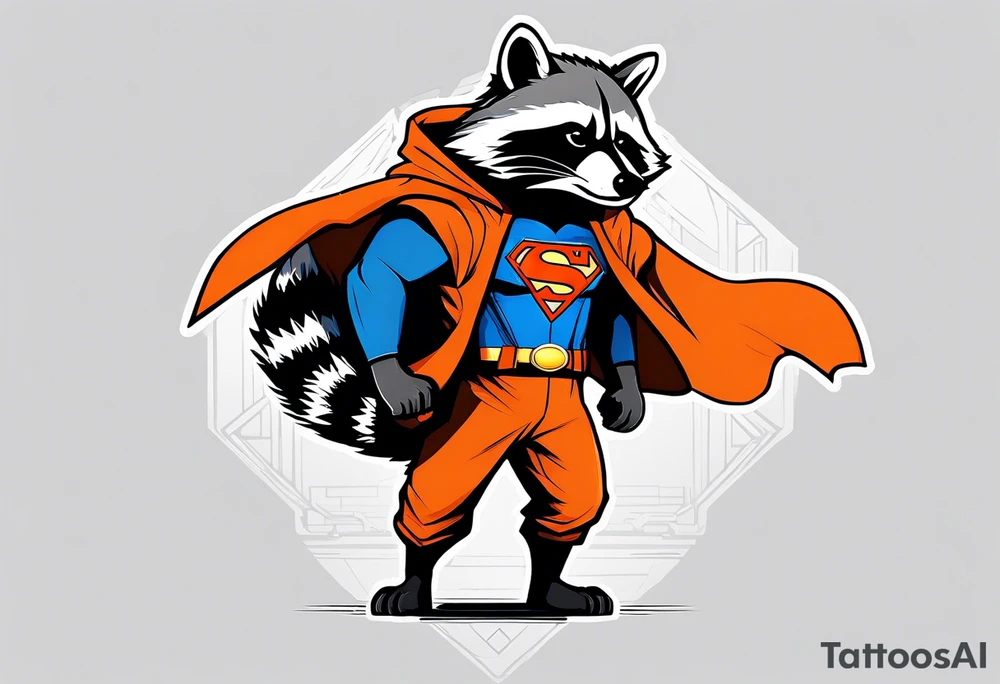 Raccoon wearing an orange Superman hoodie tattoo idea