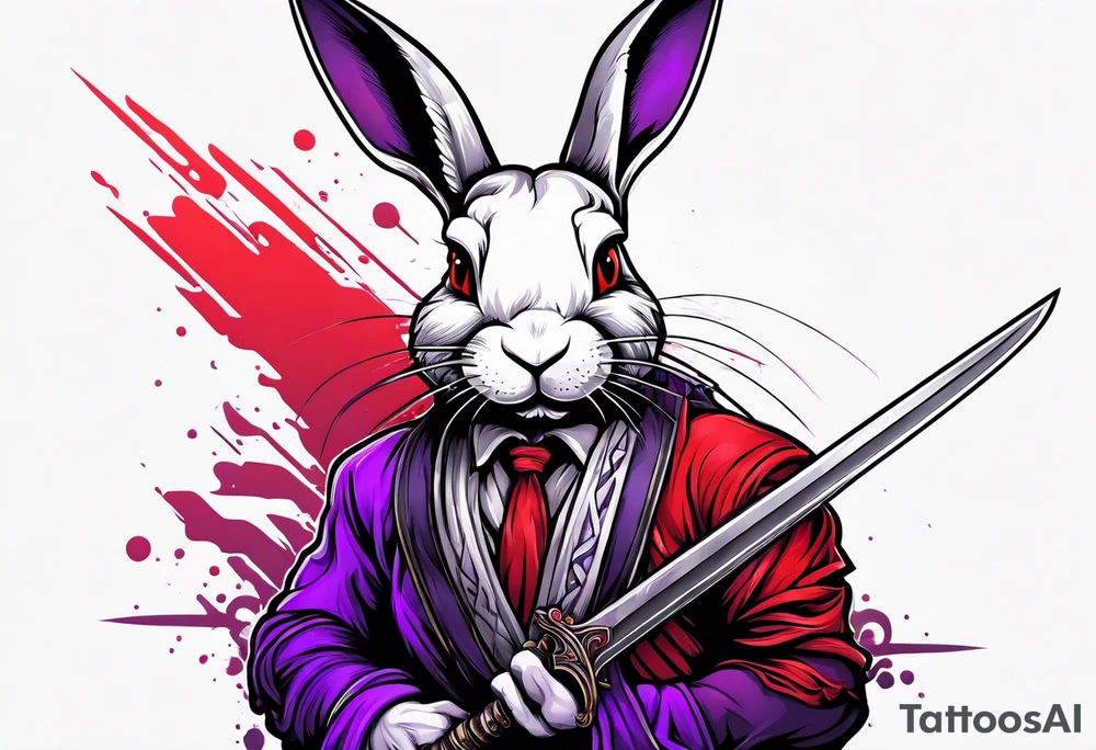 Black, red, and purple rabbit holding a sword tattoo idea