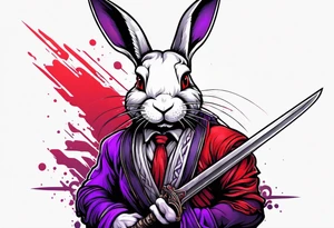 Black, red, and purple rabbit holding a sword tattoo idea