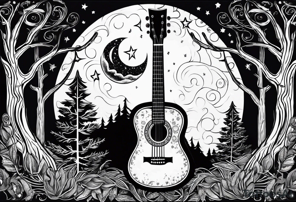 acoustic black guitar made out of trees and a night sky with a bright star tattoo idea