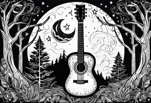 acoustic black guitar made out of trees and a night sky with a bright star tattoo idea