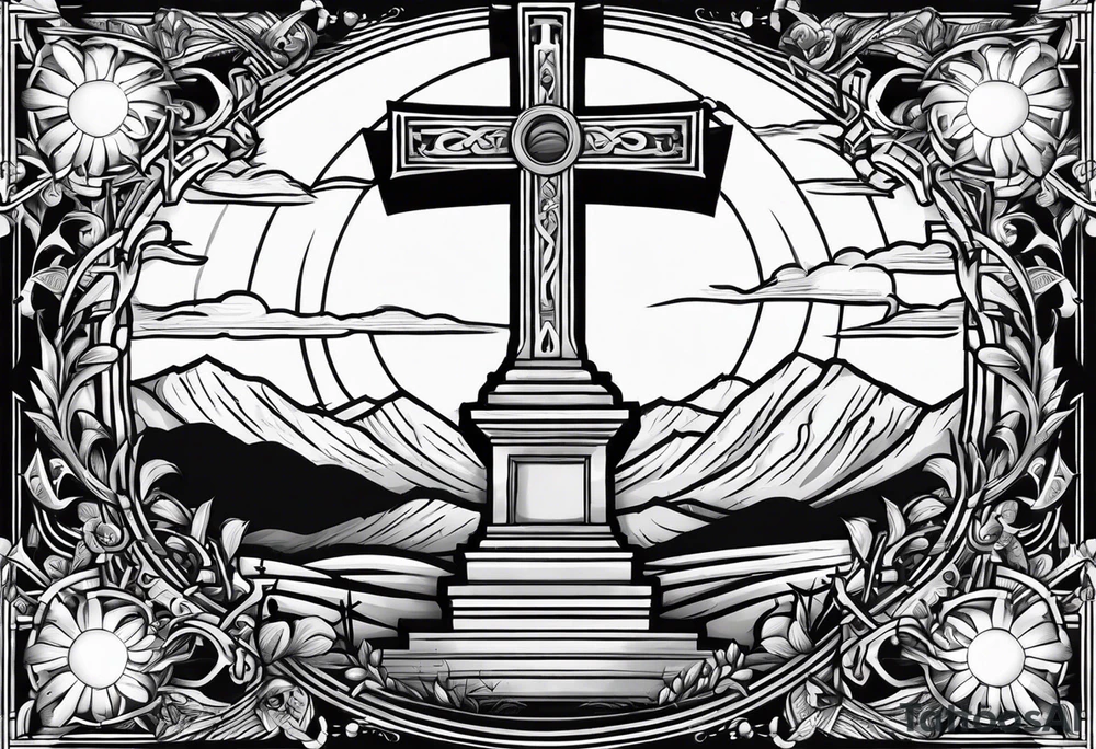 Tomb with cross and sun in the background tattoo idea