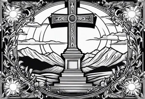 Tomb with cross and sun in the background tattoo idea