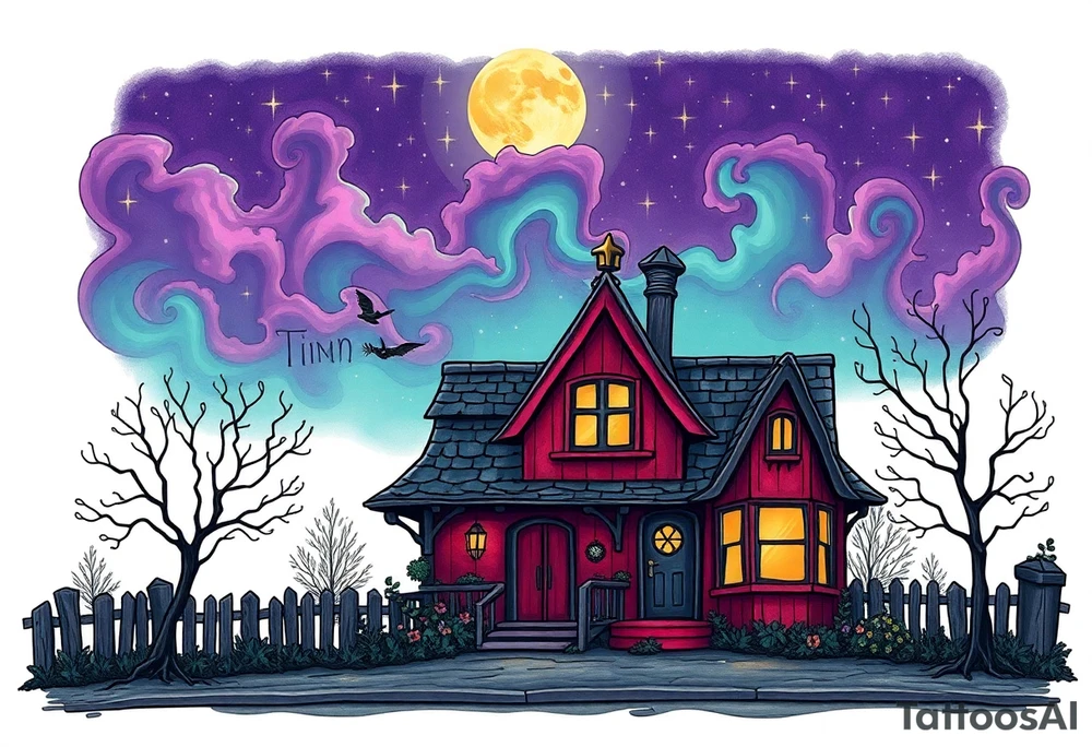 Tim Burton’s sleeping beautys cottage from outside view is the street abandoned and dripping with muted reds, dusty pinks, and eerie green glow purple and cyan smokey clouds swirl and dance in the moonlit night sky filled with twinkling stars  tattoo idea tattoo idea