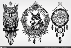 full sleeve with owl, wolf, beaver, and dream catcher tattoo idea