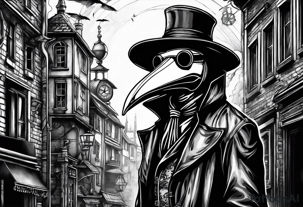 steampunk plague doctor 
city background tattoo idea