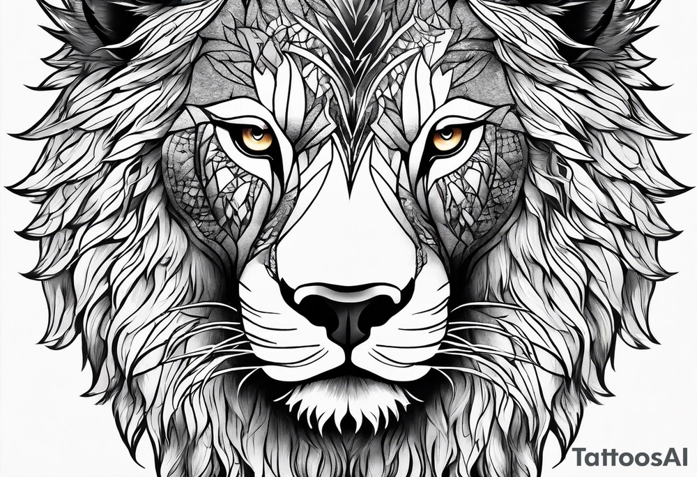 a face of a fearless lion combined whit a fearless wolf in the wood tattoo idea