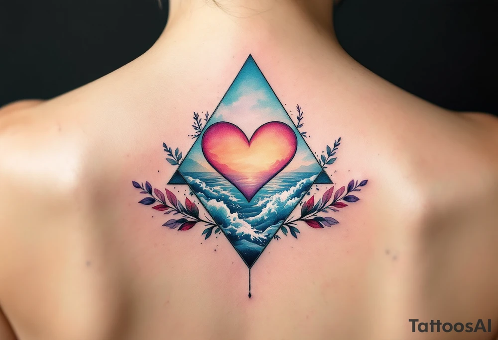 A triangle with a big heart in the center with an ocean travel theme tattoo idea