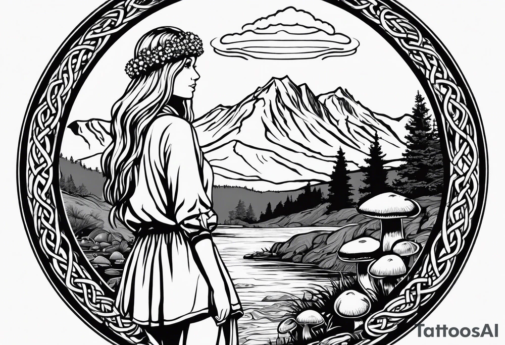 Whole picture encircled fully

Straight long blonde hair hippie girl in distance holding mushrooms in hand facing away toward mountains and creek surrounded by mushrooms long sleeve shirt and hiking pants; whole rendering within a full celtic circle, no cut off circle tattoo idea