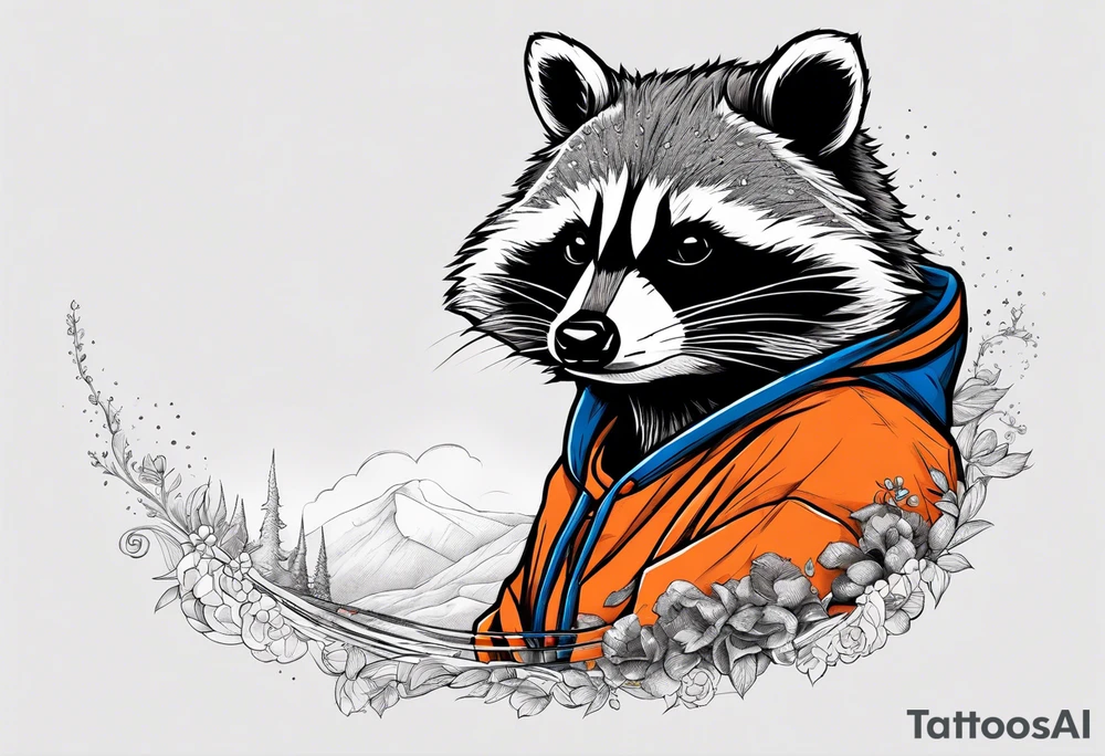 Raccoon wearing an orange Superman hoodie tattoo idea