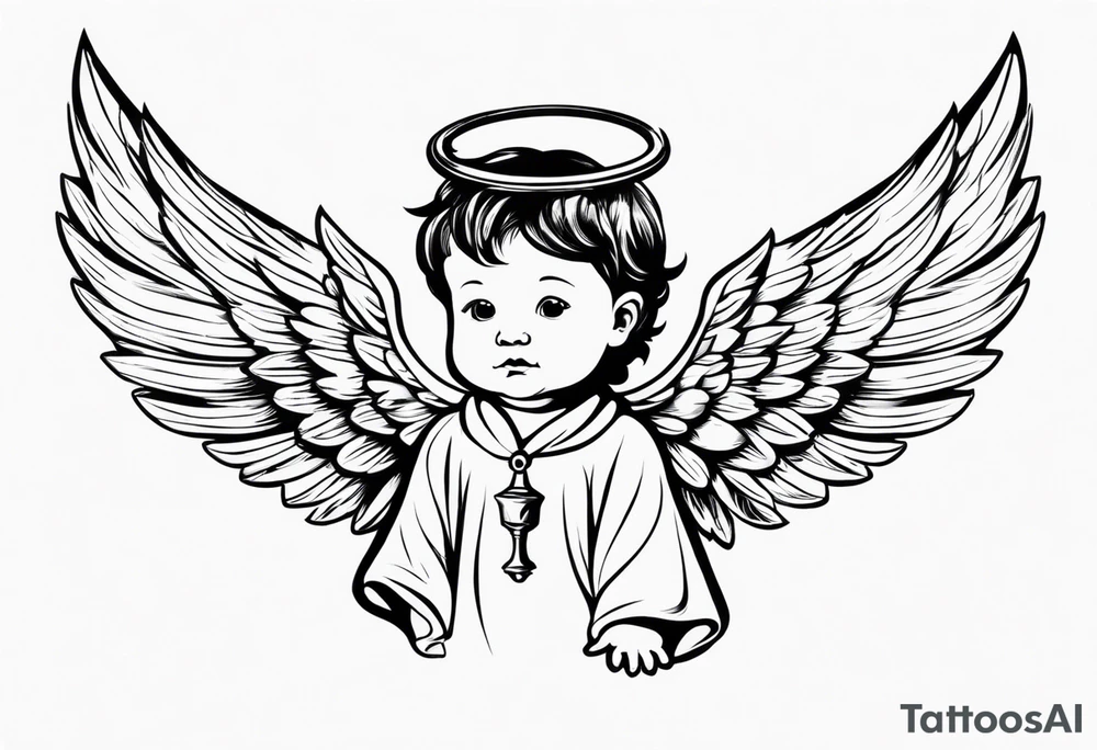 a baby who has angelic wings a robe and a halo in his hand is a concrete drill tattoo idea