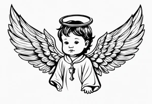 a baby who has angelic wings a robe and a halo in his hand is a concrete drill tattoo idea