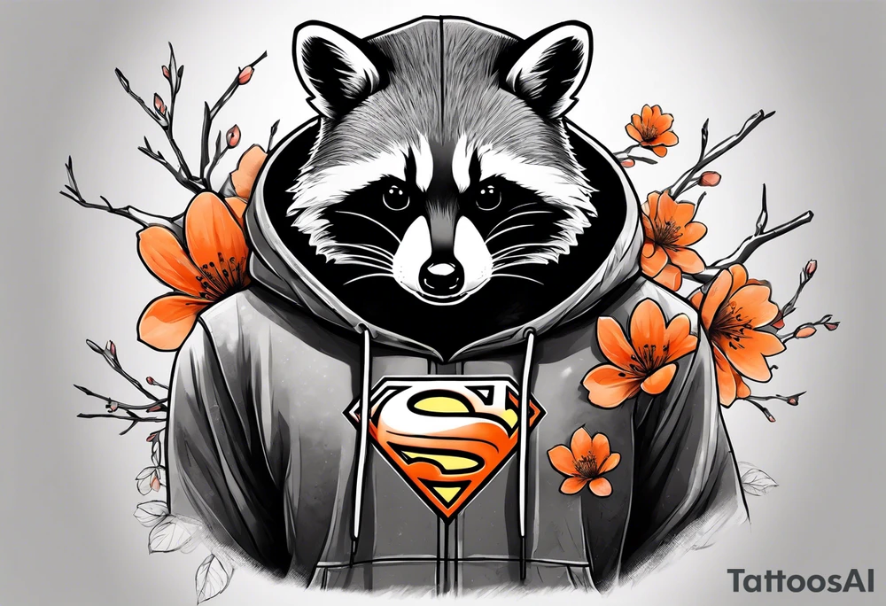 raccoon wearing a black and white Superman hoodie and orange Japanese cherry blossoms tattoo idea