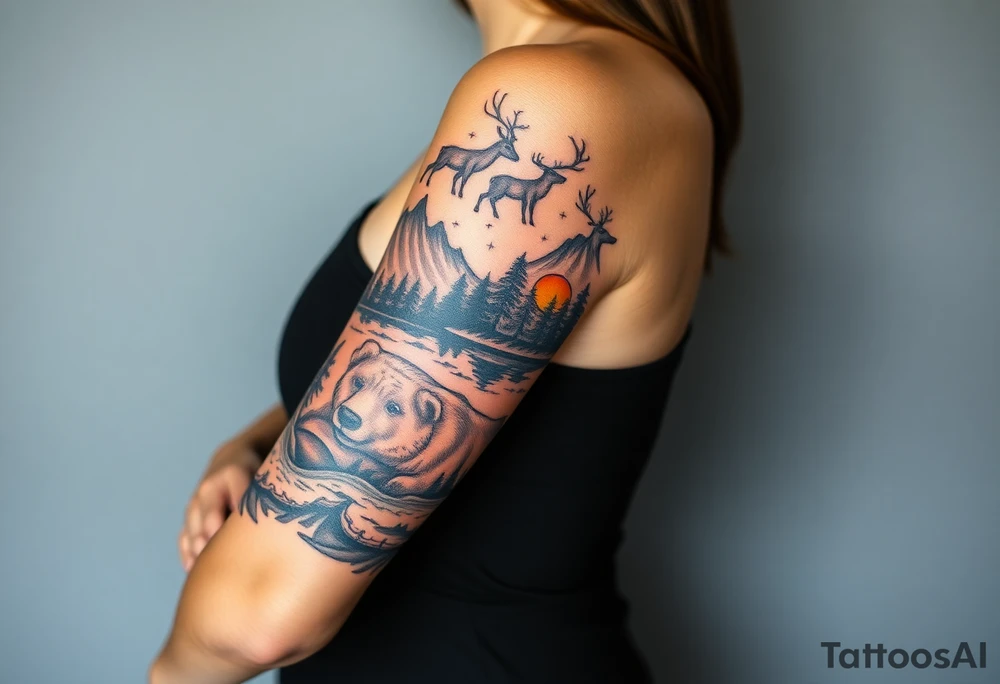 A full-sleeve with the Härjedalen landscape, reindeer, bear, lakes tattoo idea