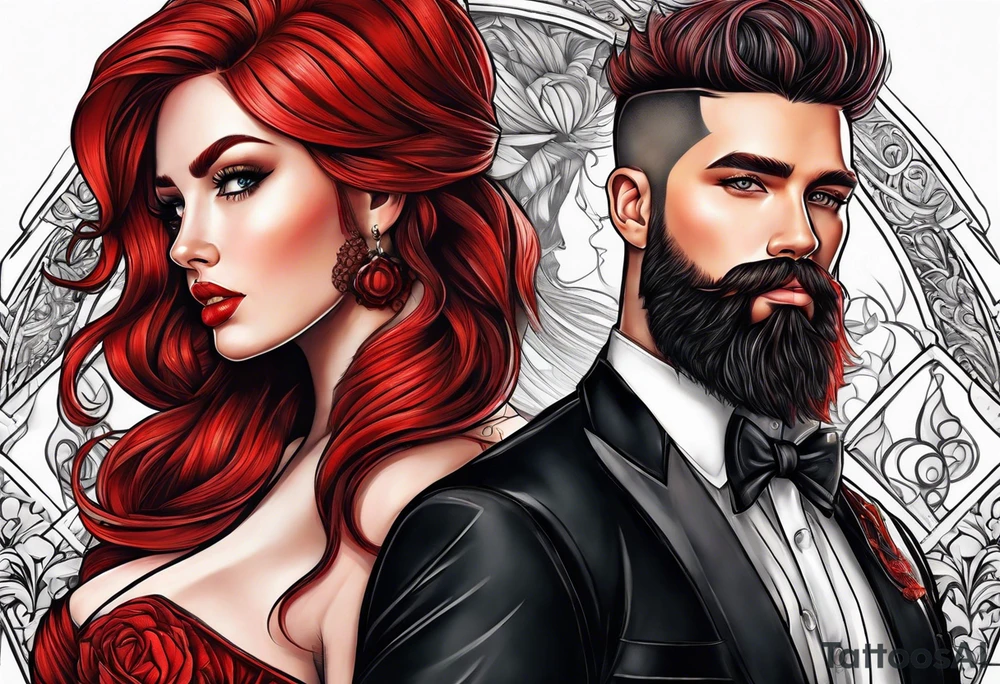 Busty red haired woman with a bearded man who has black hair tattoo idea