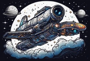Space ship shooting into space with the heavens opening tattoo idea