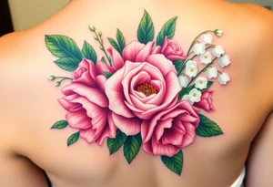 3d Bouquet of Carnation, Astor, Rose, Lily of the valley, Larkspur with realistic, low tone pastel colors with no black tattoo idea