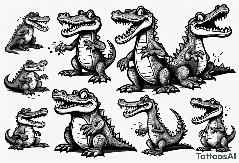 drunk cute cartoon crocodile full body tattoo idea