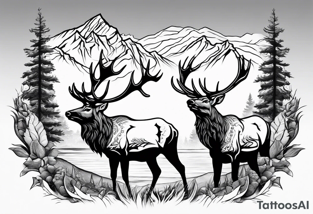 two elk fighting with mountains and stream in background tattoo idea
