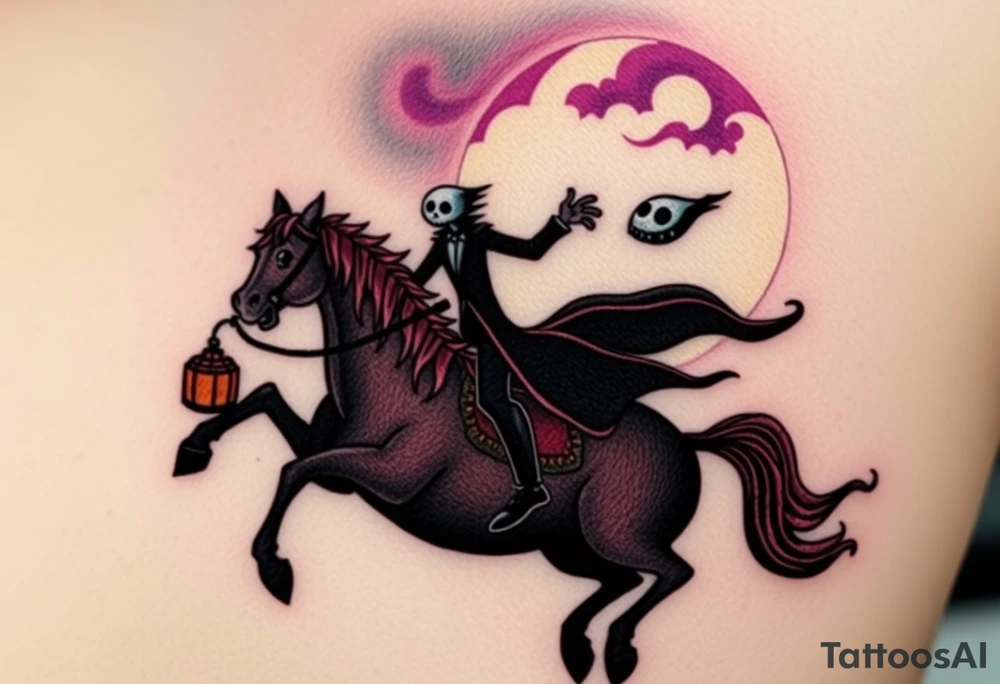 Tim Burton’s sleepy hallow headless horseman is riding in the night he holds a lanturn in hand as his horse bucks upwards and dripping with muted reds, dusty pinks, and eerie green glow.purple and cyan smokey clouds swirl in the crescent moonlit sky thats sprinkled with stars tattoo idea tattoo idea