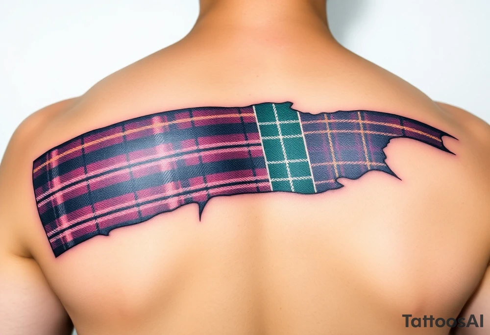 Side of arm Dark Purple with green pink blue and white highlights tartan fabric with skin peeling away at edges tattoo idea