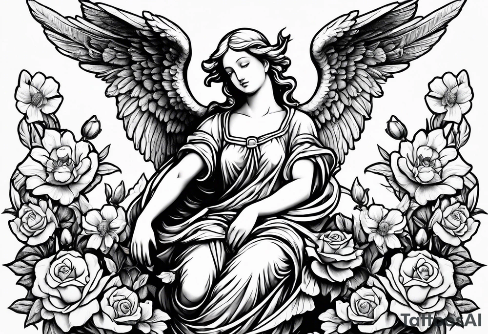 Angel statue stood on a rock with daffodils and roses wrapped around its legs tattoo idea