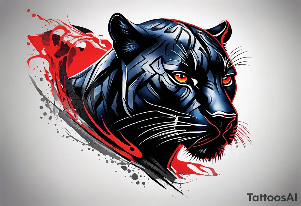unique black panther tattoo, dynamic pose, showcasing its strength and grace, striking red eyes, intense and captivating elements, artistic flair, blending realism with abstract elements tattoo idea