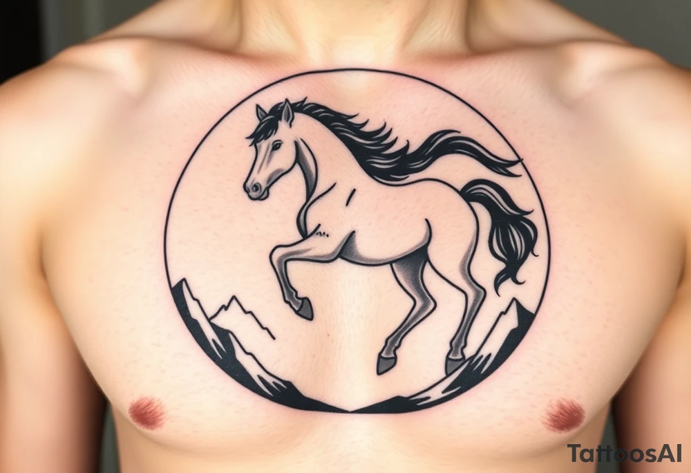 A golden mustang horse with black mane and legs, captured in motion inside a circle. The mountains and nature should frame the design, blending with the horse's black fur as a base to represent the landscape. Experiment with using the black fur to shape the mountains, playing with edges or interior details. tattoo idea
