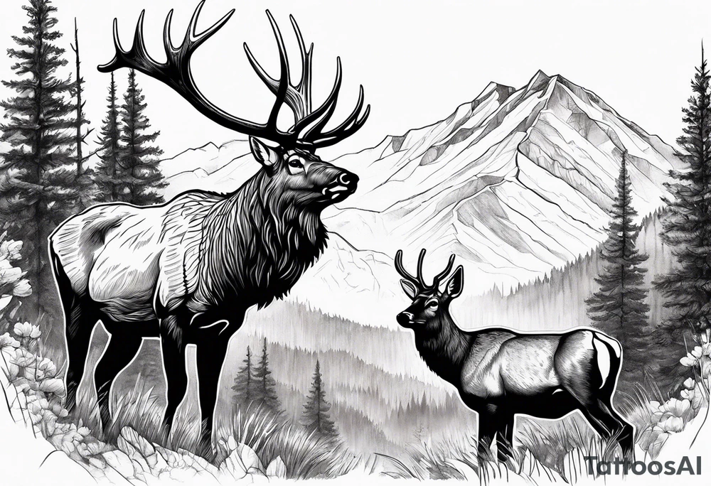 male and female elk with mountain landscape in the background tattoo idea