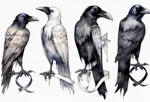 raven wearing a white ribbon around left leg tattoo idea