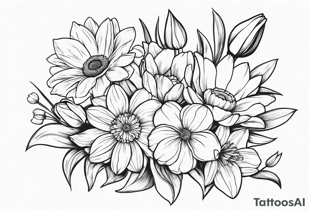 Bouquet of daffodils gerberas and tulips tattoo idea
