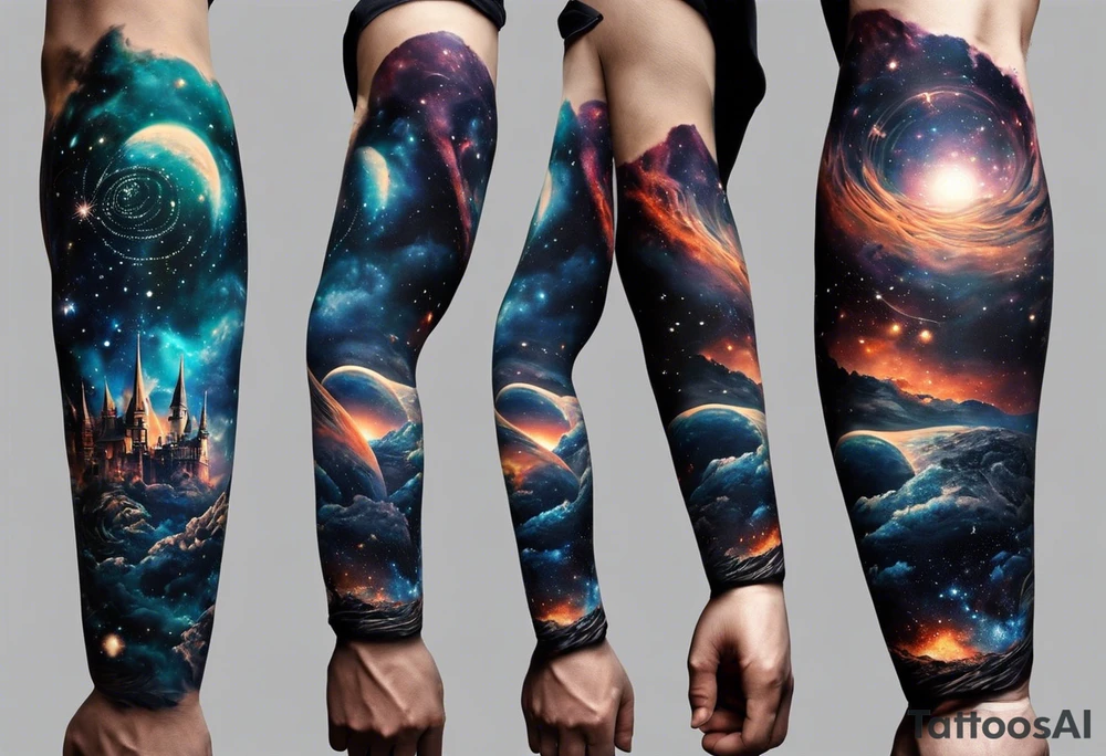 I have multiple tattos but i am getting a sleeve done on my arm.
I want the sleeve to be only about time space continuum, purpose, desire and ambition linked to it. I want the concept to me about how miniscual we are in this universe but how we feel big and lose perspective and a sense of purpose. I also want Shiva to be added to the tattoo as shiva is considered the destroyer which scientifically goes back to big bang. SO create a tattoo for me in geometric design for my whole right arm tattoo idea