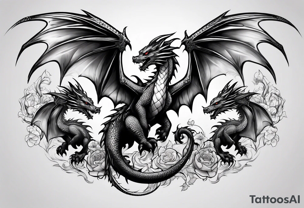 Mother dragon and 3 baby dragons wings spread tattoo idea