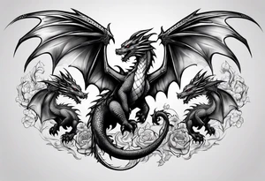 Mother dragon and 3 baby dragons wings spread tattoo idea