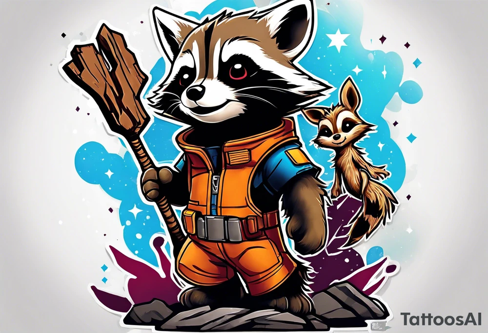 Disney guardians of the galaxy rocket playing with little groot tattoo idea