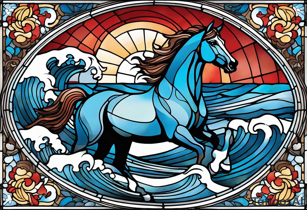 stained glass window with a red and brown horse's head rising from the blue ocean waves tattoo idea
