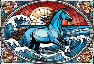 stained glass window with a red and brown horse's head rising from the blue ocean waves tattoo idea