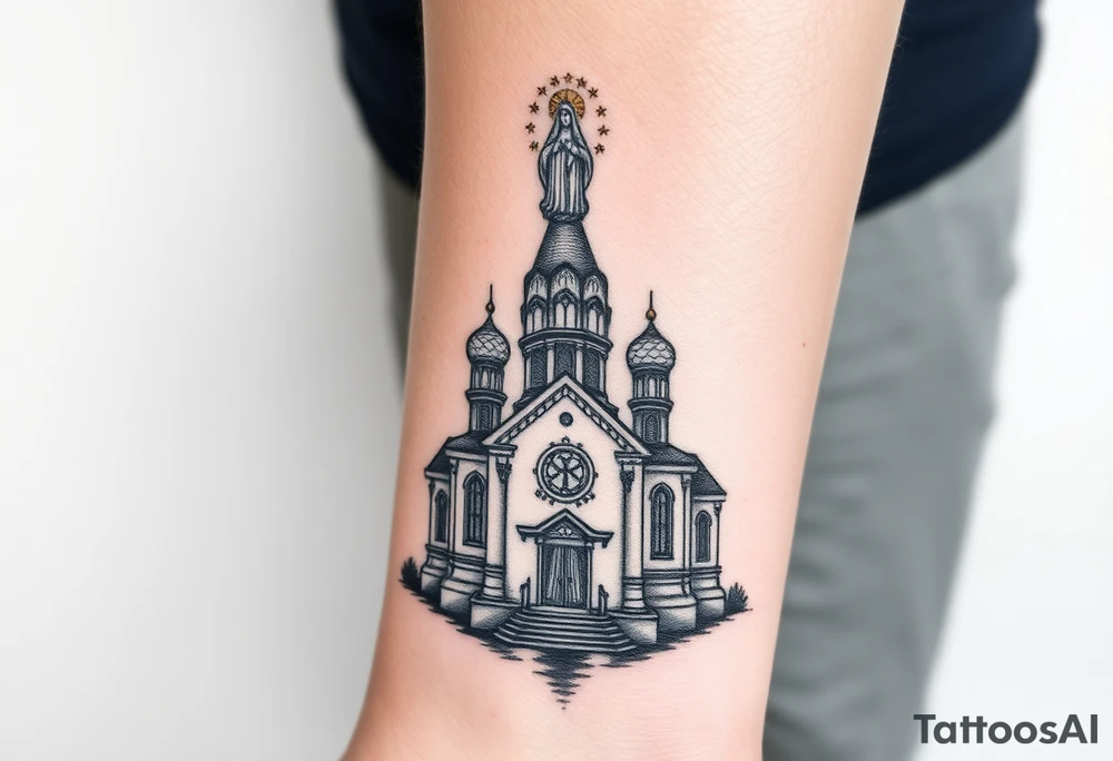 in a dorsal view a detailed medium sized country style russian orthodox church with onion domes and a band at the front with mist shrouding the top and fading into a virgin mary overlooking above at the top tattoo idea