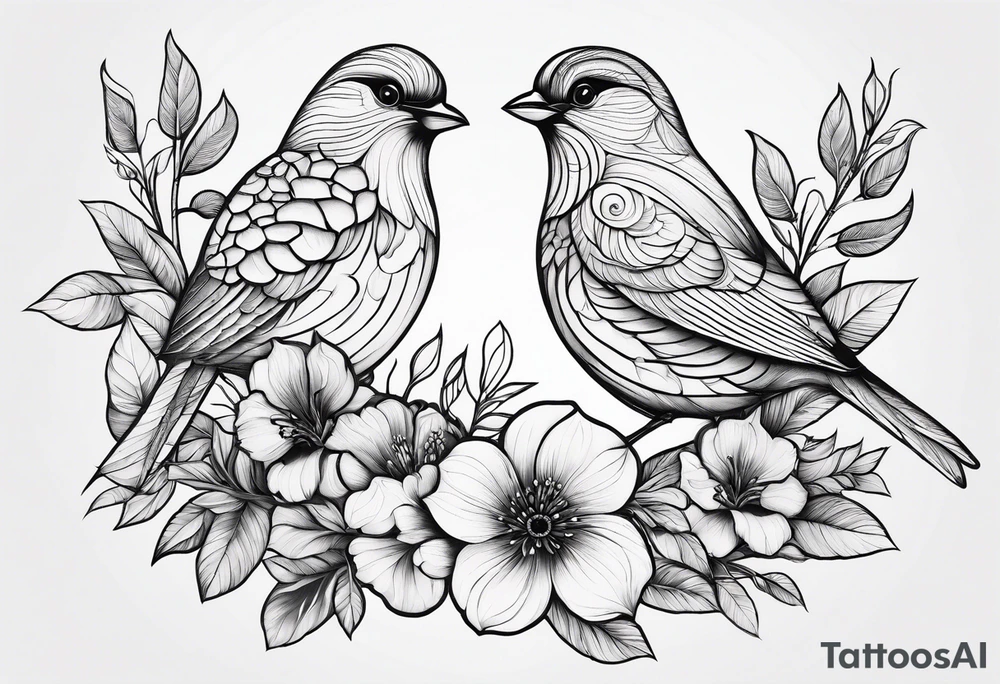 Two birds and flowers, fine line, minimal tattoo idea